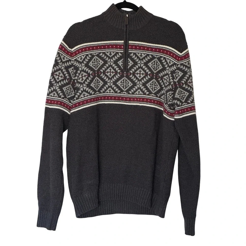 IZOD Quarter-Zip Sweater Charcoal Gray Fair Isle Nordic Geometric Mens Large L